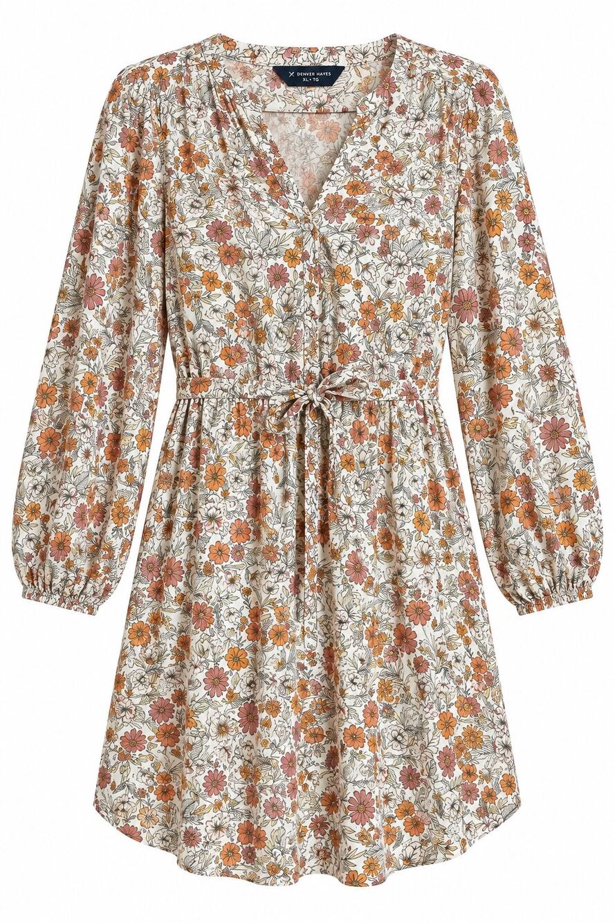 Denver Hayes XL Floral Long Sleeve V Neck Tie Waist Dress